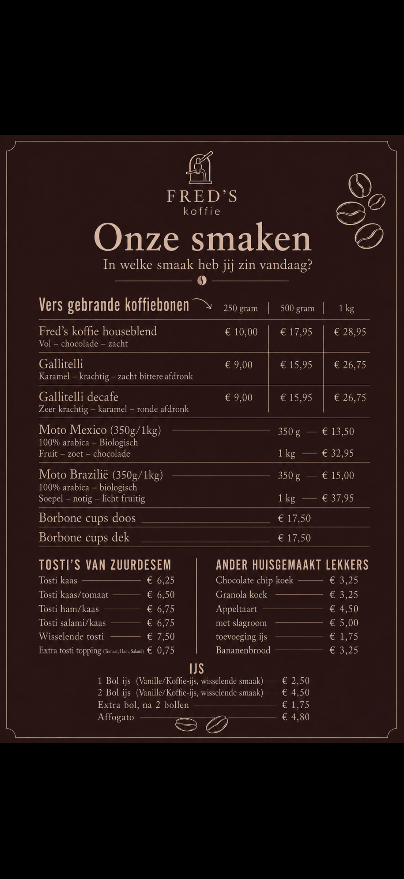 Fred’s Koffie Onze smaken menu